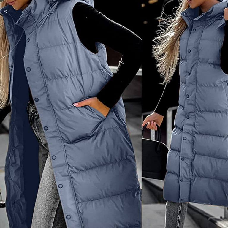 Womens Long Puffer Vest Full-zip Hooded Sleeveless Down Jacket Coats With  Pockets