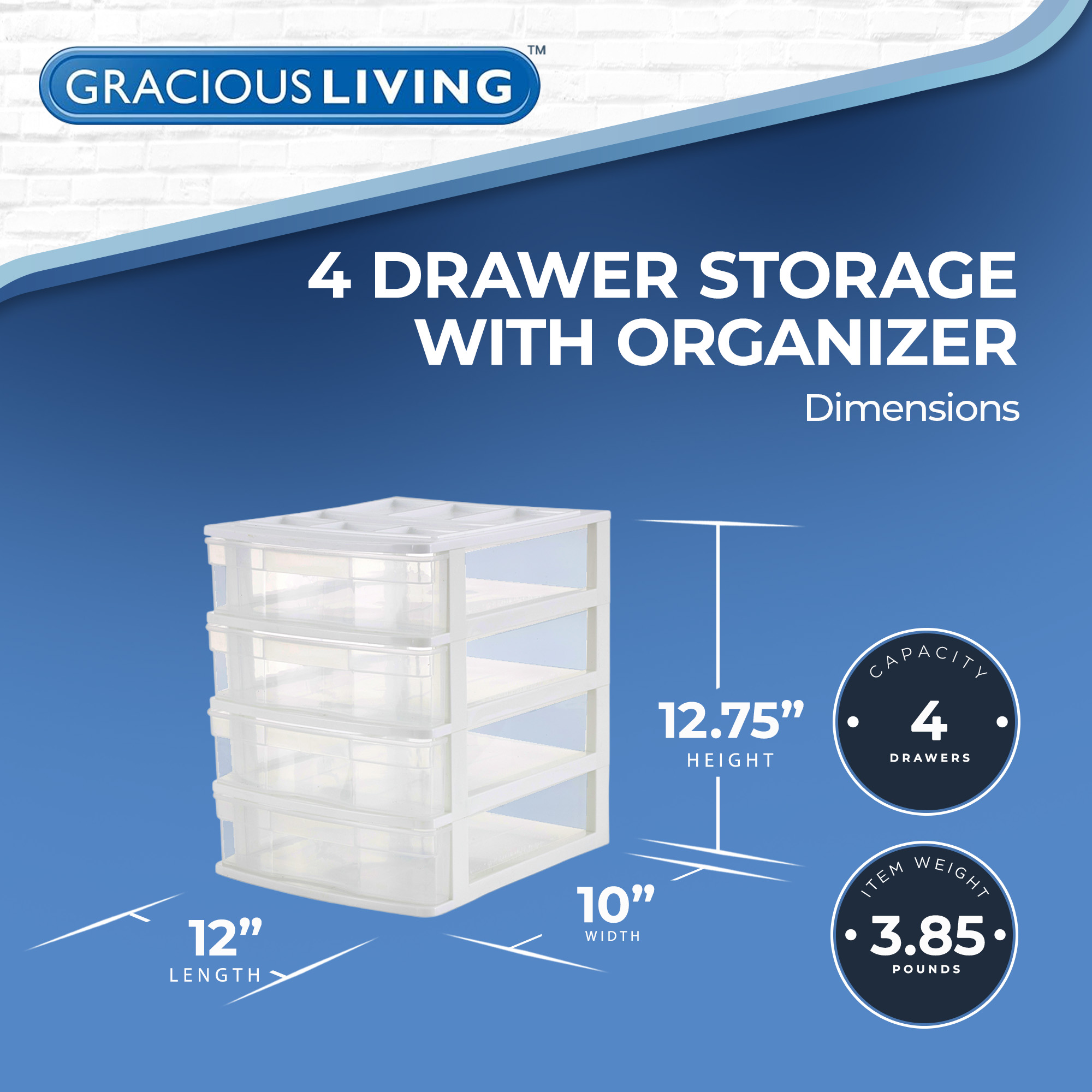 Gracious Living 4 Drawer Clear Plastic Desktop & Countertop Storage Organizer, White Frame