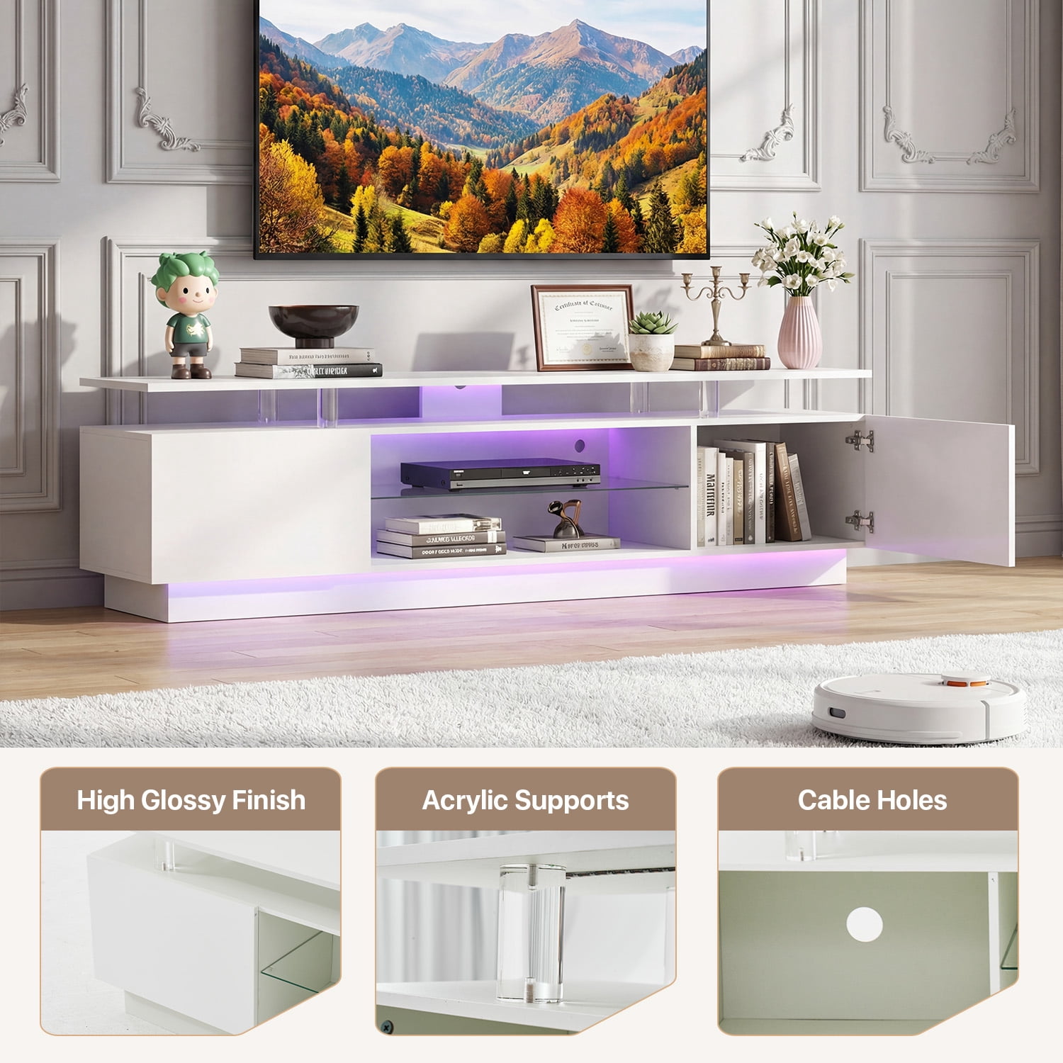 BaPiPro 70" LED Modern TV Stand for 65"-75" TVs, Entertainment Center TV Console with Music Sync LED for Living Room, White
