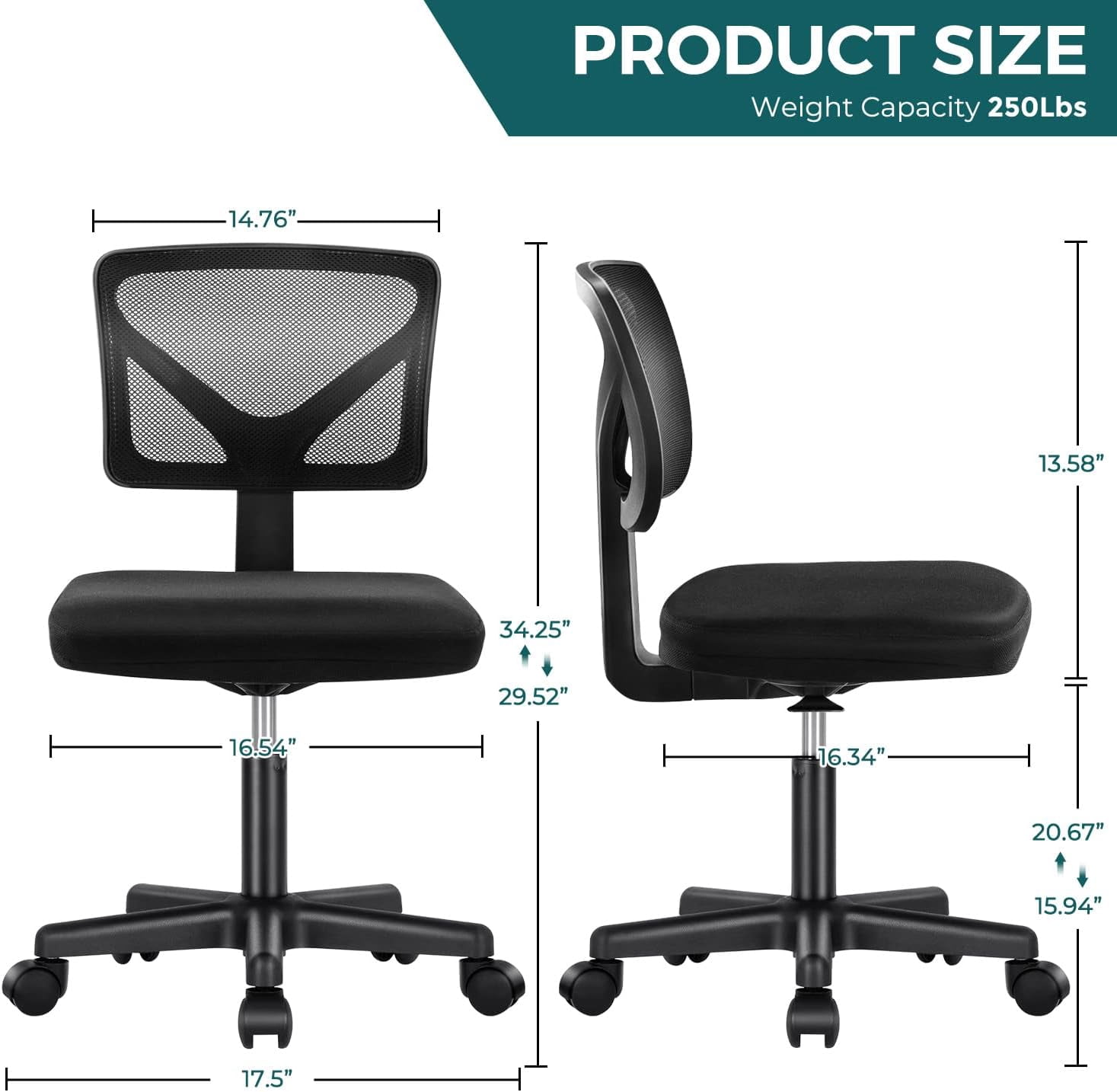 Armless Mesh Office Chair, Ergonomic Low-Back Swivel Desk Chair with Wheels and Lumbar Support, Height Adjustable, Black