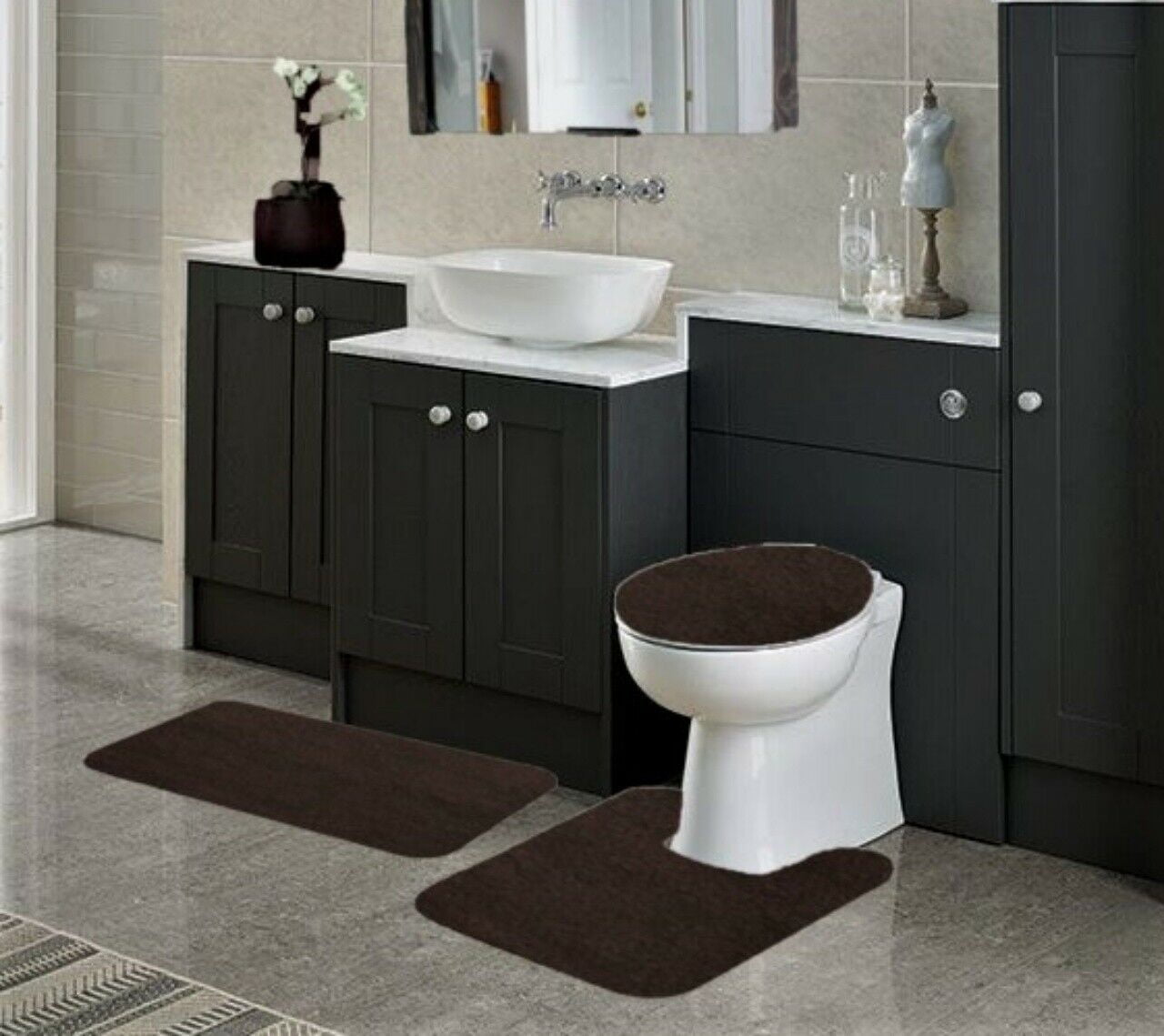 3-Piece Solid Bathroom Set Bath Mat Contour Rug Toilet Lid Cover Brown 