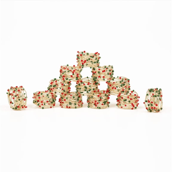 Homebia Designs Gold Red Green Beaded Napkin Rings Set of 12, Decorative Napkin Holders, Elegant Dining Table Décor Accessories