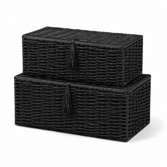 Black Set of 2 Handwoven Rectangular Wicker Storage Baskets with Lids