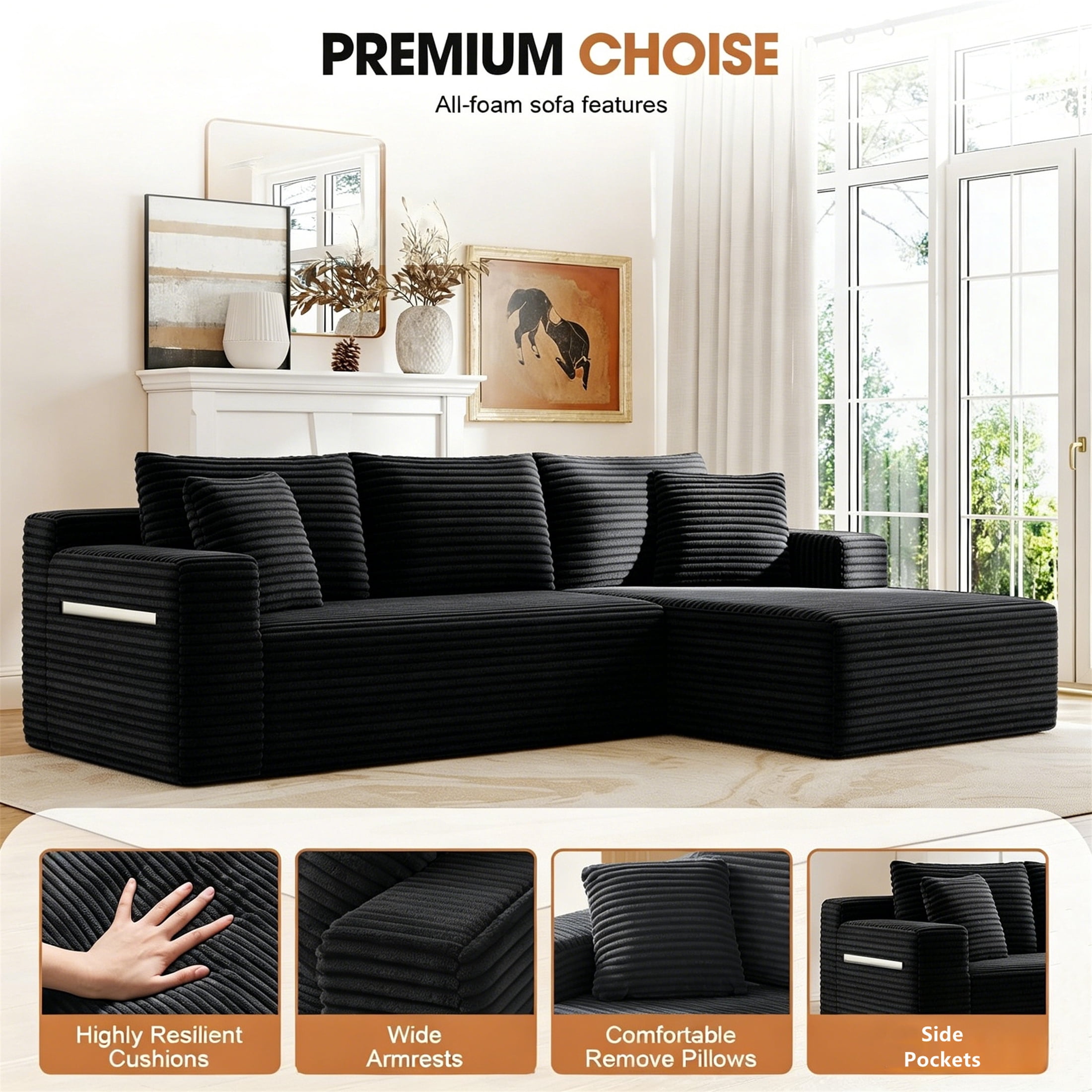 Aukfa 96" Cloud Sectional Sofa Deep Seat Boneless Couch Modular L-Shaped Couch, Right Chaise Corduroy Sofa for Living Room, Black