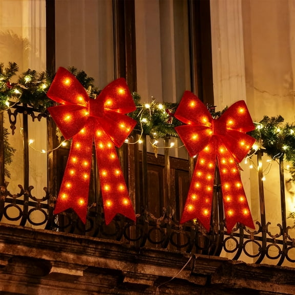 Energy LED Hanging Bow, Outdoor Lighted Bow Decoration for Festive Holiday Hanging Display on Porches, Weather Resistant Long Lasting Lights, 16x23in, Red