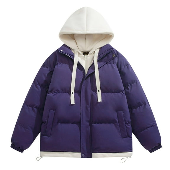 Bixock Men Fleece Puffer Jackets, Quilted Jackets for Men, Men Solid Color Long Sleeve Hooded Fake Two Piece Thickened Fleece Lined Outerwear Jackets