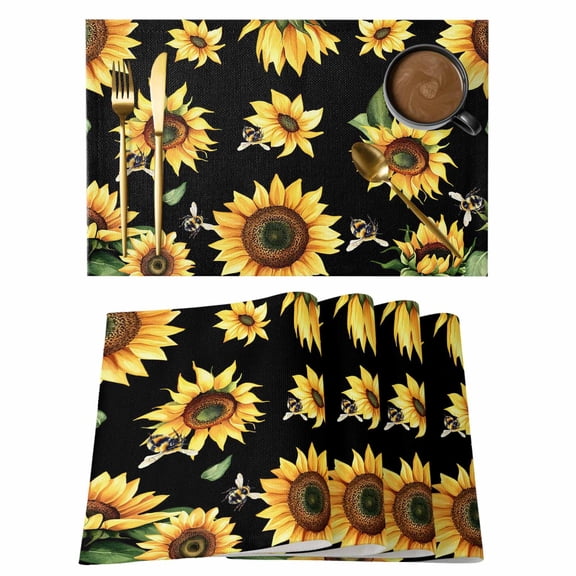 Sunflower Black Placemats Set of 6, Yellow Petals Floral Farmhouse Bee Placemats for Dining Table, Place Mats for Kitchen Tabletop, Waterproof Wipeable Dining Table Mats Set
