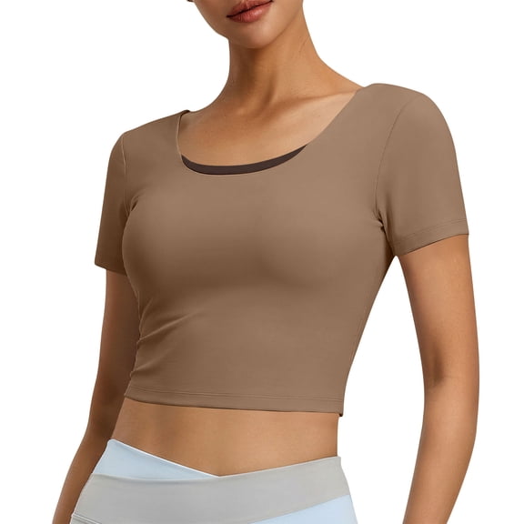Sevevn Women's Short Sleeve Workout Crop Tops Open Back Twisted Strappy Scoop Neck Slim Fit Athletic Shirts Coffee 2XL
