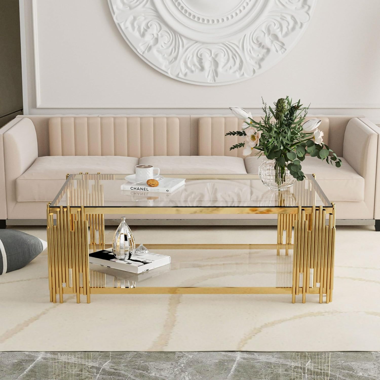 End Tables for Living Room Set of 3, Holaki Modern Rectangle Tempered Glass Coffee Table with 2 Square End Table, Coffee Table Set with Stainless Steel Irregular Legs for Home Apartment Office