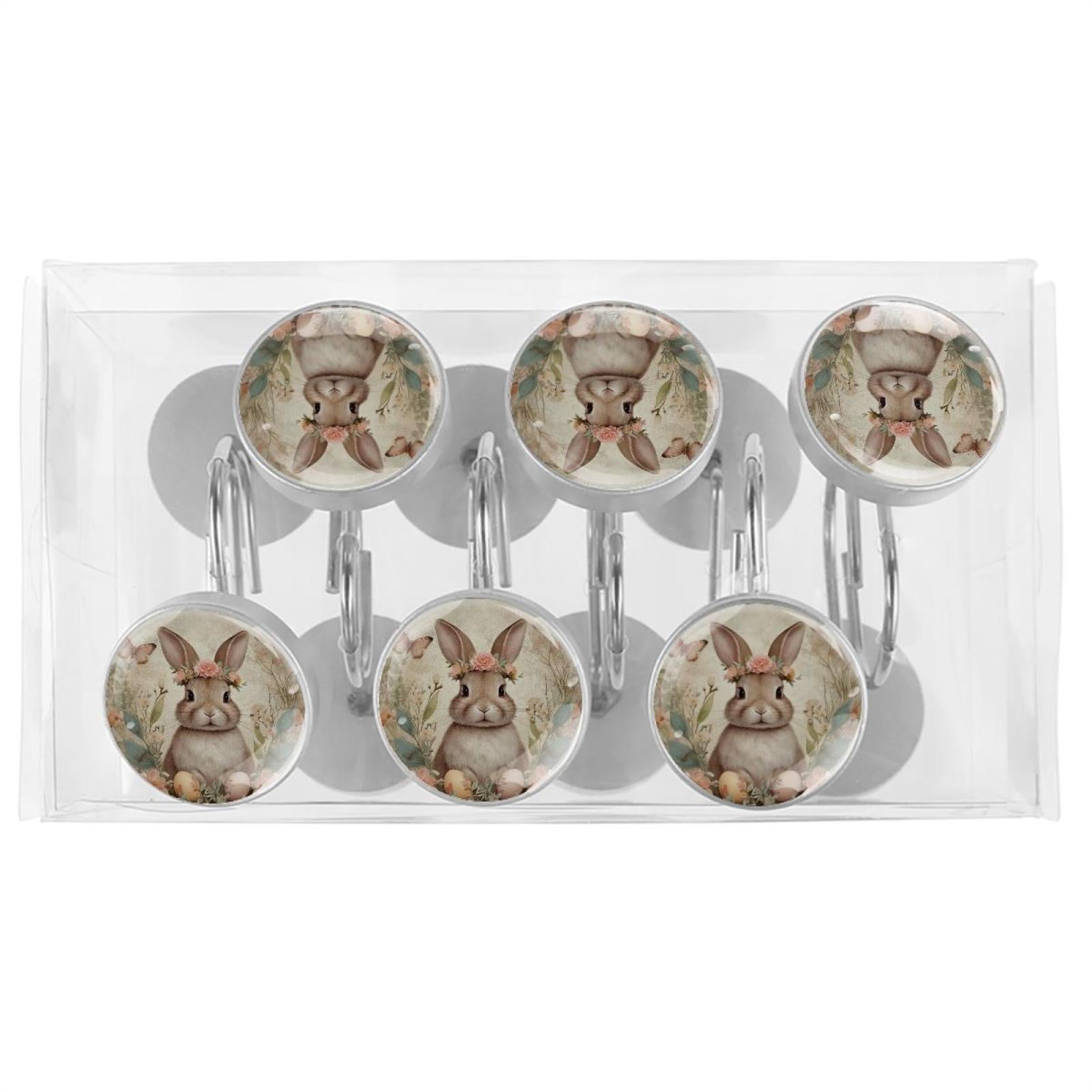 Imobaby 12 Pcs Metal Shower Curtain Hooks Rust Proof for Shower Curtain Liner - Vintage Wreath Bunny