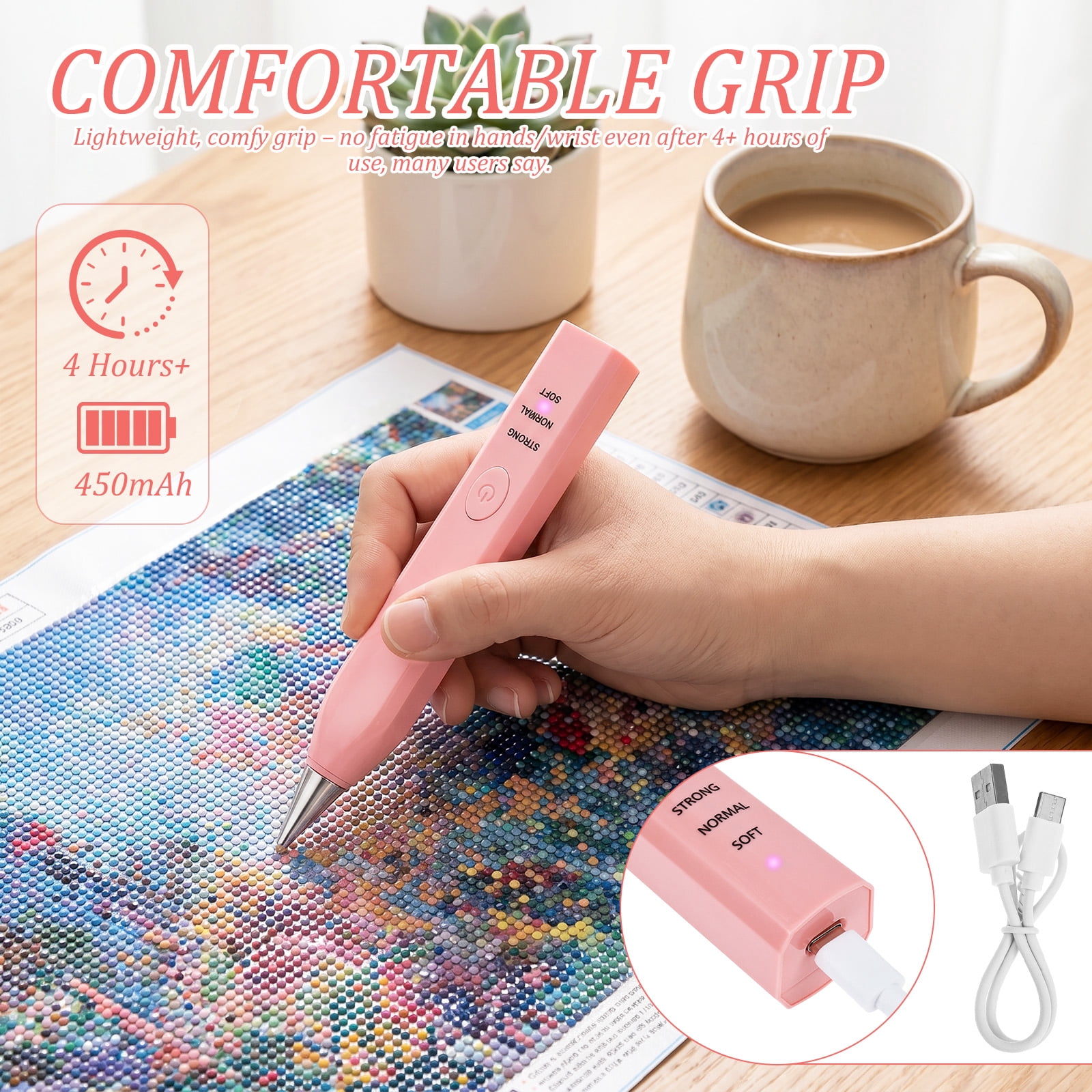 Electric Diamond Painting Pen with 4 Drill Nibs, Rechargeable Vacuum Rhinestone Art Pen Kit – Multipurpose Portable Tool for Adults DIY