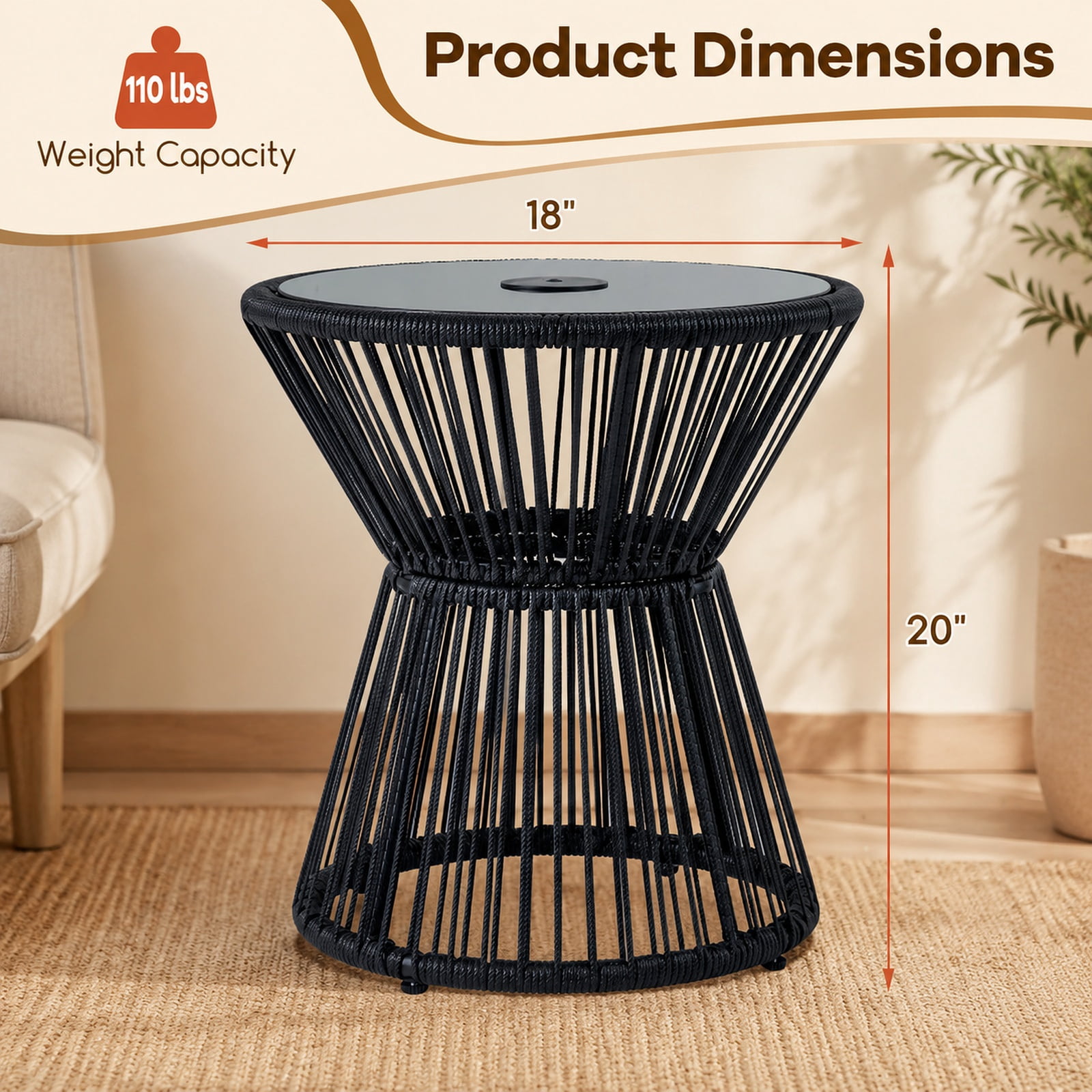 Biotree Outdoor Side Table with LED Warm Light, PE Rattan End Table with Tempered Glass Top and Battery Lamp for Patio Porch Balcony, Black