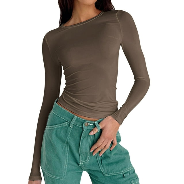 T-Shirts pour Femmes 2025, T-Shirts Femmes, T-Shirt à Col Rond pour Femmes Long Col Roulé Simulé pour Femmes Manches Longues Basique Ajusté Court T-Shirt de Compression Femme T-Shirts Tricotés Couche Côtelée Tee Hauts Tees