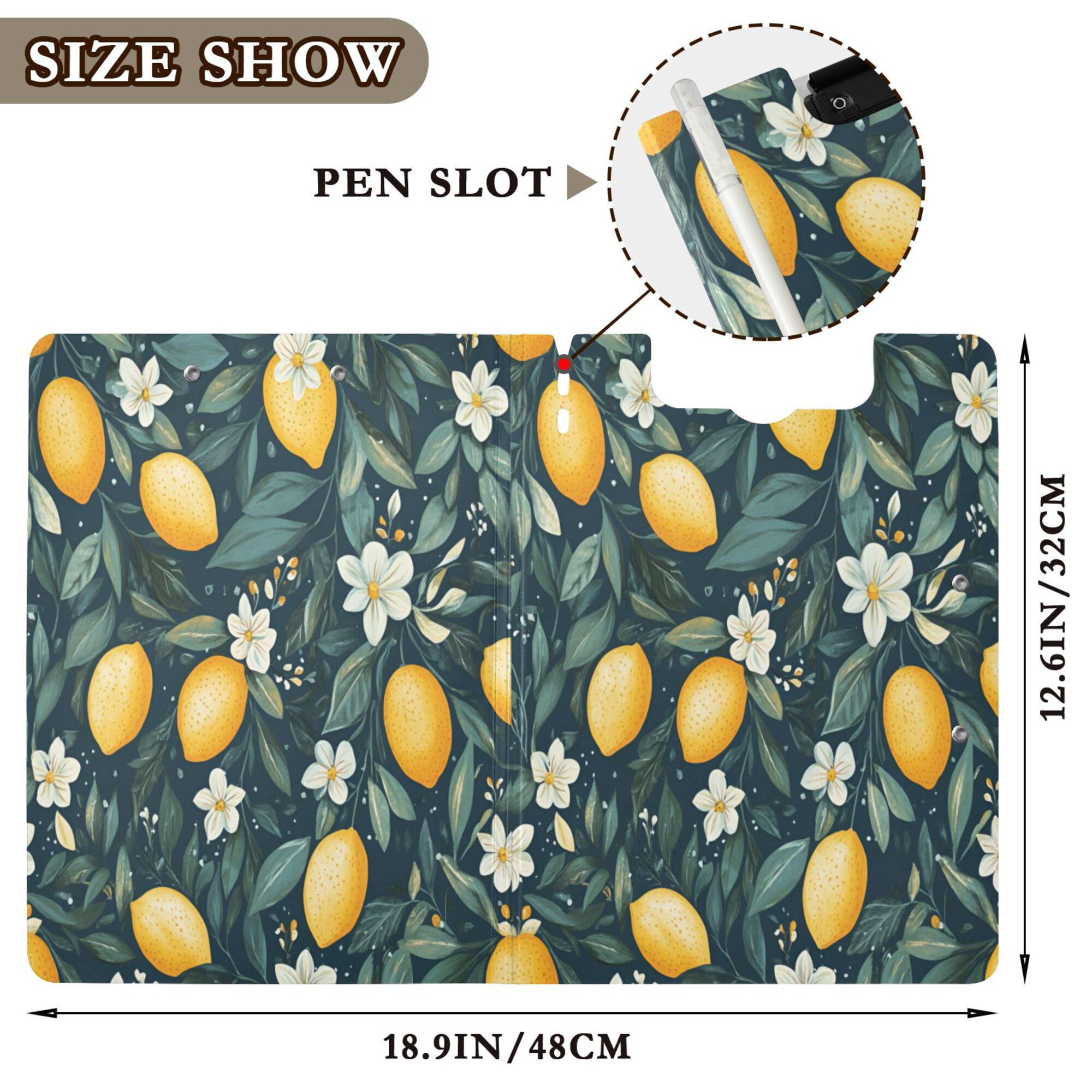 FORMRS A4 Clipboard Folder with Pen Holder Horizontal Foldable School Office Binder, Blue Floral Lemons
