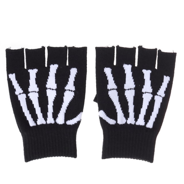 Unisex Finger Skeleton Pattern Guantes de punto Skull Bone Gloves Elástico Half Finger Glove