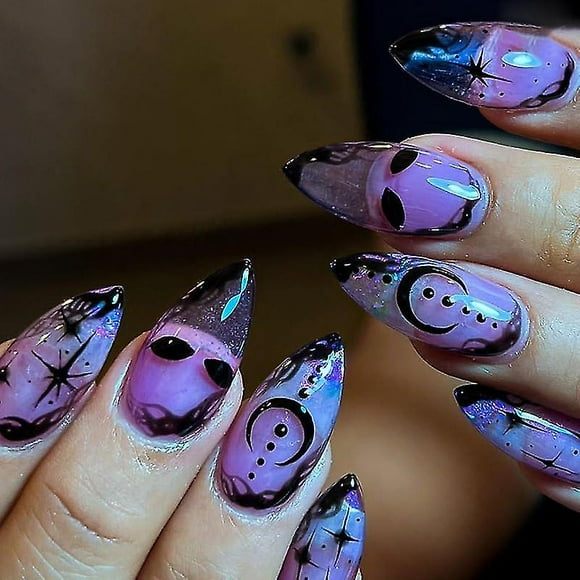 Medium Almond Halloween Press On Nails - Purple Star Moon Design - 24pcs
