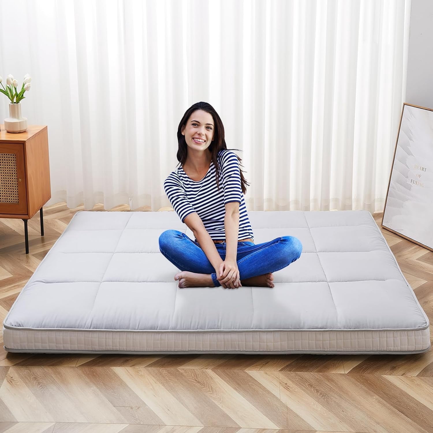 ABORON 5 Inch Thicker Futon Mattress , Padded Japanese Floor Mattress for Adults , Extra Thick Folding Sleeping Pad with Bandage and Storage Bag ( Twin , Gray )