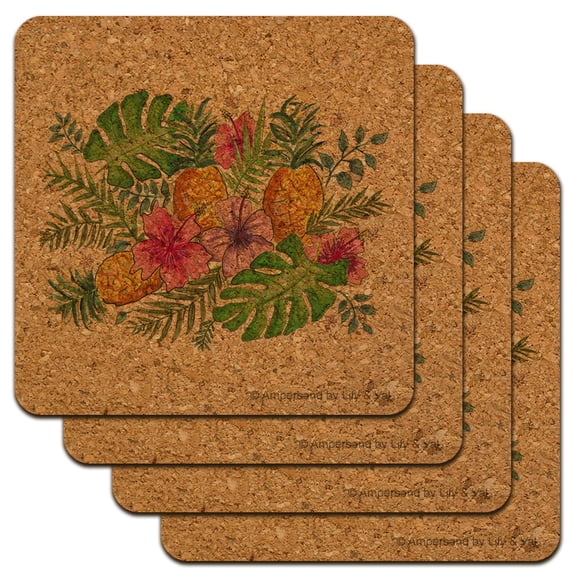 Tropical Flowers Hibiscus Pineapple Palm Leaves Low Profile Novelty Cork Coaster Set