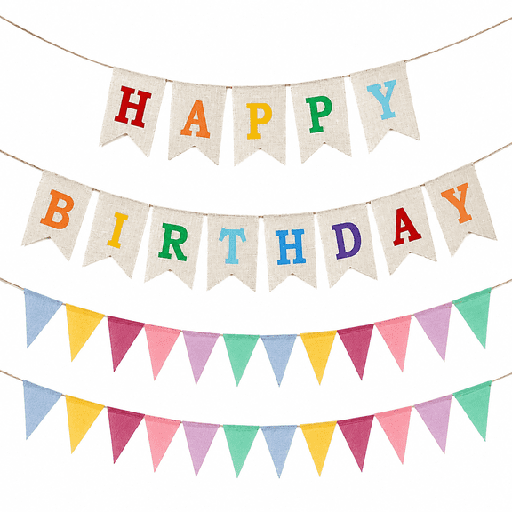 Kabuer Happy Birthday Multicolor Burlap Pastel Triangle Bunting Flags, Garland Burlap Banner 4pcs