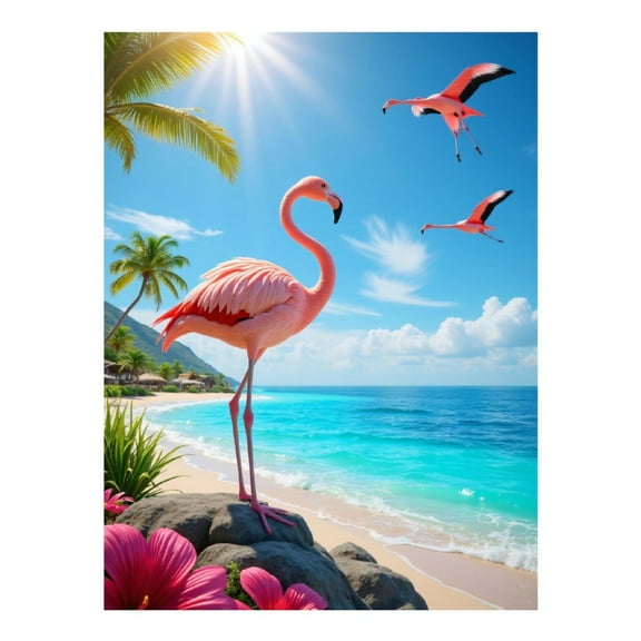 Diamond Art Kit for Adults, Tropical Beach Flamingos Palm Sky Diamond Painting for Adults Beginners, DIY Diamond Art Painting Kits, 5D Diamond Painting Crafts for Home Decor 12x16 Frameless