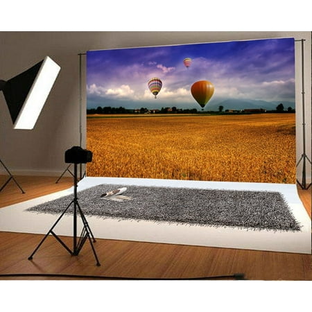 GreenDecor Polyester Fabric Photography Backdrop 7x5ft Fields Hot Air Balloons House Sky Children Kids Baby Portraits Props Shooting Video