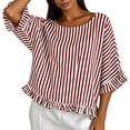 thumbnail image 6 of Qulqfy Crew Neck Women's Blouses Short Sleeve Striped Loose Casual Ruffle Spring Summer Boho Trendy Ladies Tops and Blouses Red M, 6 of 8