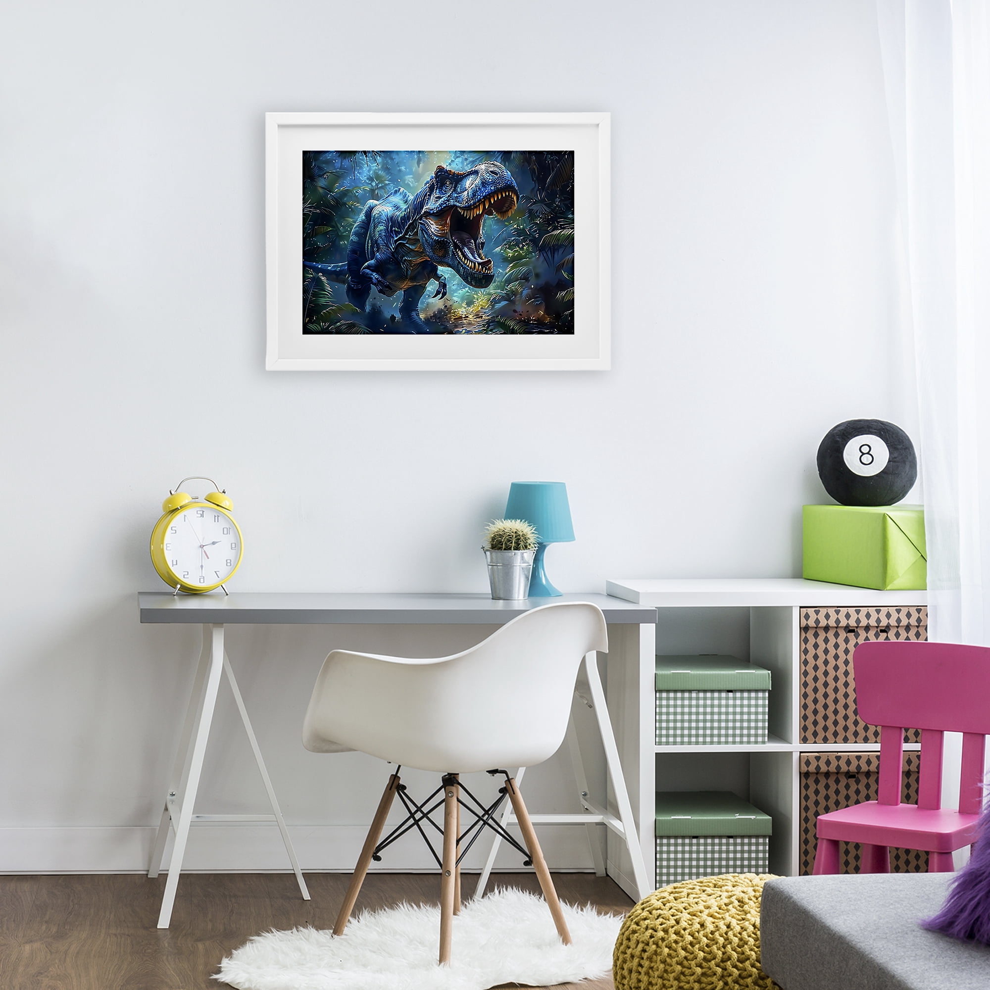 Stupell Industries Blue Toned Dinosaur Roar White Framed Print Under Glass, design by Creative Studio