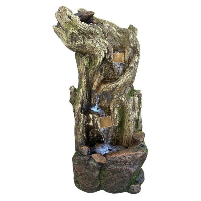 Angelo Décor 29.5-inch Cripple Creek Falls Fountain featuring cascading water flowing through a rustic tree-trunk style structure with moss accents.