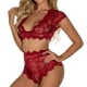 thumbnail image 2 of Lencería de encaje para mujer, color puro, elegante, suave, cuello en V, manga corta, conjunto de bragas para aniversario, Jujube Red XL, 2 of 6