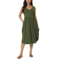 thumbnail image 1 of Unique Bargains Robe d'Été Sans Manches Col en V Décontractée Midi de Plage avec Poches Vert Armée m, 1 of 5