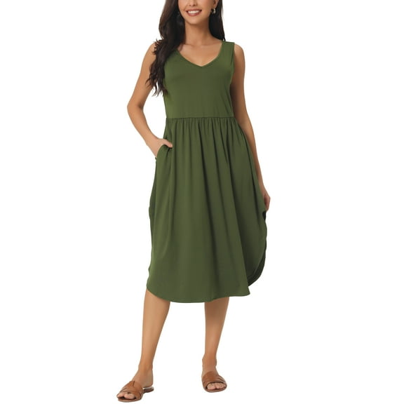 INSPIRE CHIC Women's Summer Sleeveless V Neck Dress Casual Midi Beach Dress with Pockets Army Green S