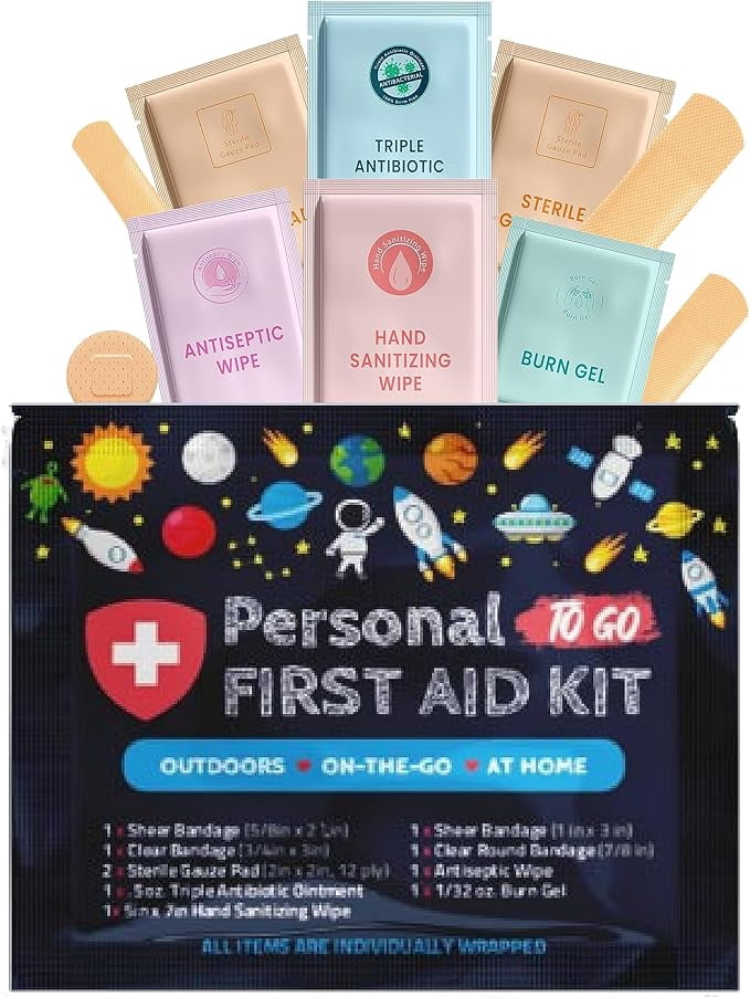 Personal First Aid Kit - Case of 60 | Clean, Treat, Protect Minor Cuts, Scrapes and Burns | Perfect for Home, Office, Car, School, Business, Camping | Individually Wrapped First Aid Products (Space)