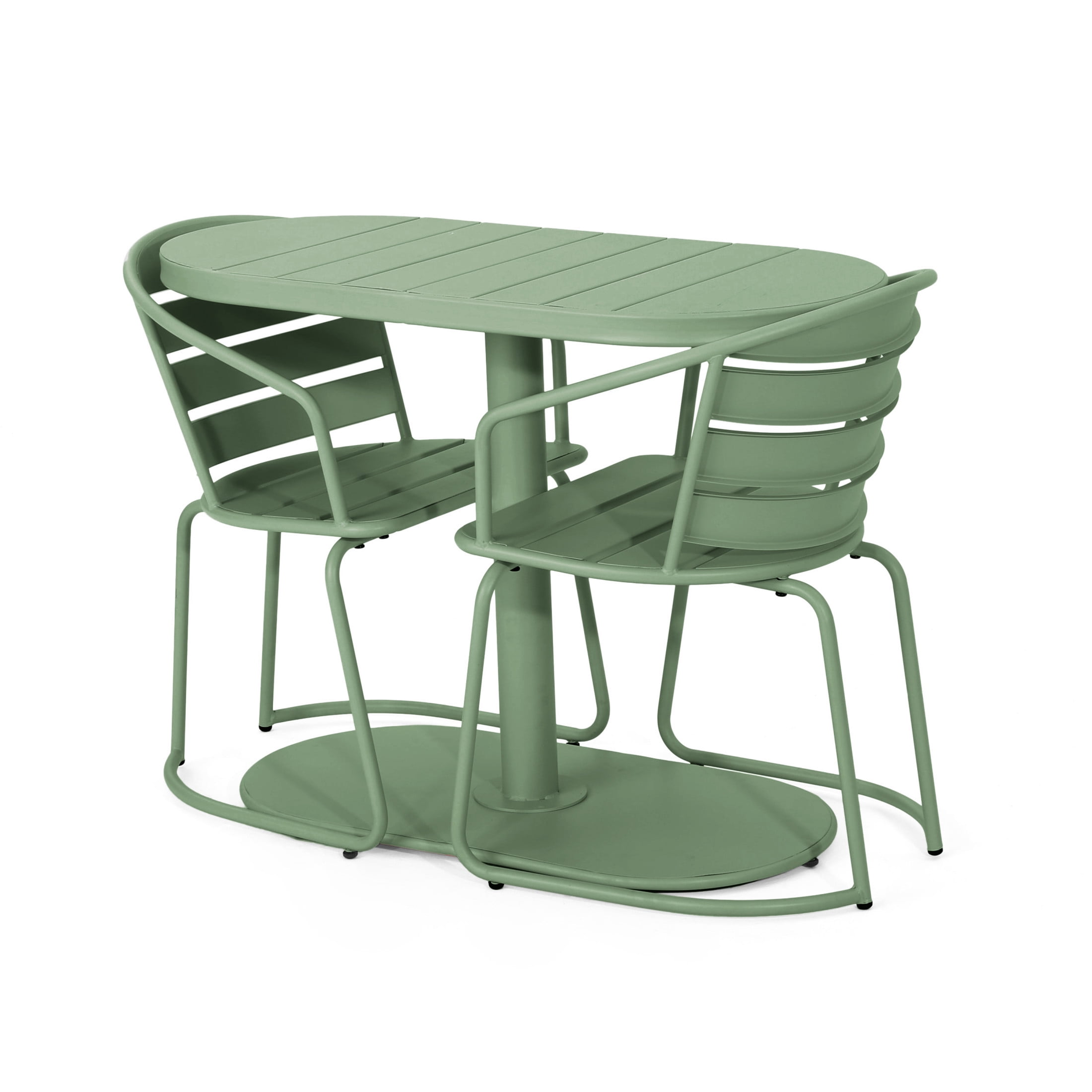 Christopher Knight Home Minimalist 3-Piece Outdoor Bistro Set, Oval Table & Slatted Chairs, Matte Dark Green