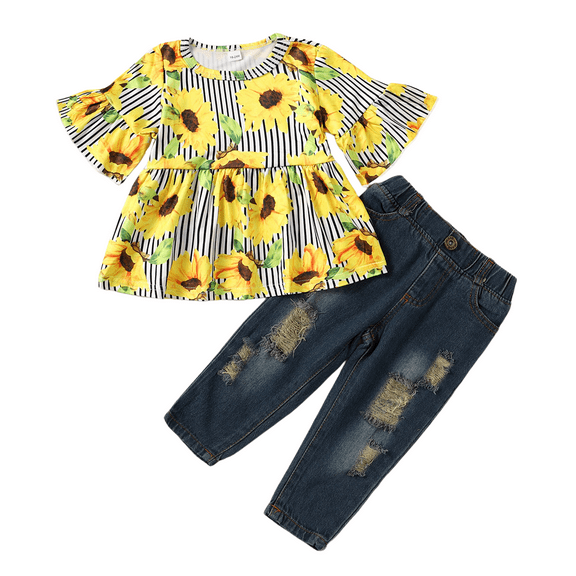 Kucnuzki 18 Months Baby Girl Winter Outfits Pants Sets 24 Months Long Sleeve Sunflower Panel Striped Peplum Elastic Ripped Denim Pants 2PCS Set Yellow