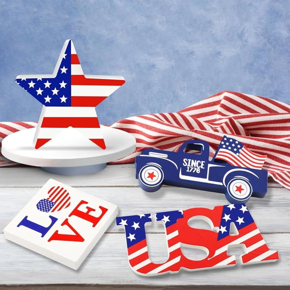 EGNMCR Memorial Day Decorations,4Th of July Decorations 4 Pcs Patriotic Wooden Table Decorations Star Truck Love Sign for 4th of July Memorial Day Veterans Day Home Decor Wooden sign