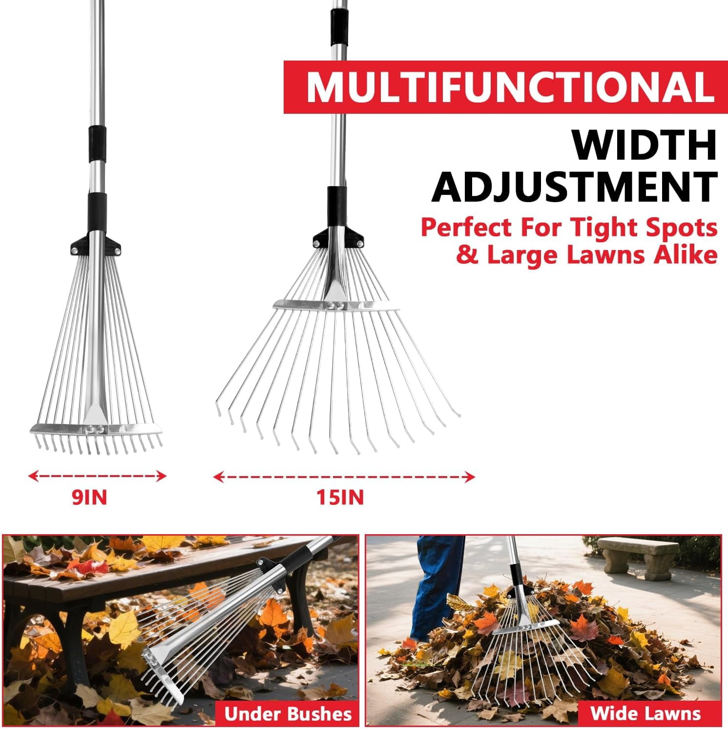 RGHJAR-Leaf Rake Adjustable 23" to 75" - Stainless stelel Rake for Leaves, Garden Tools for Yard Lawn Shrub Garden Beds, Rastrillo para Jardin