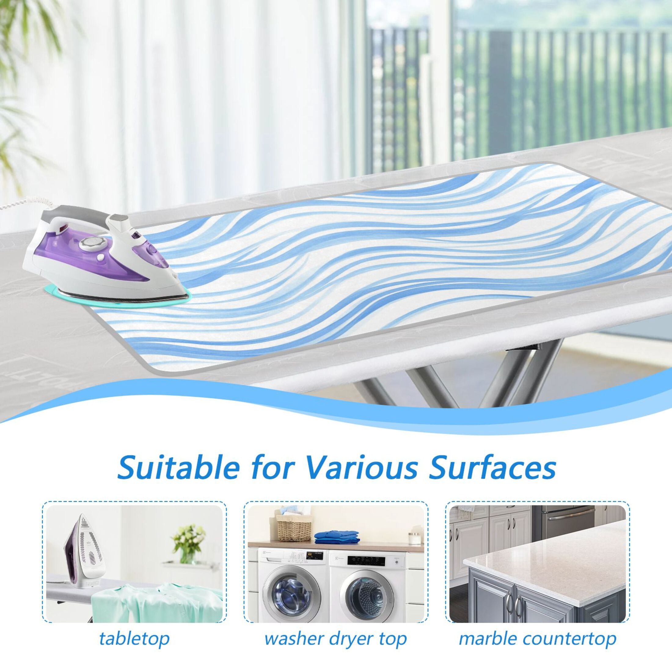 Blue Wavy Line Pastel Colored Ironing Mat Blanket Portable Travel Ironing Pad Heat Resistant Pad 47.2" x 27.6”