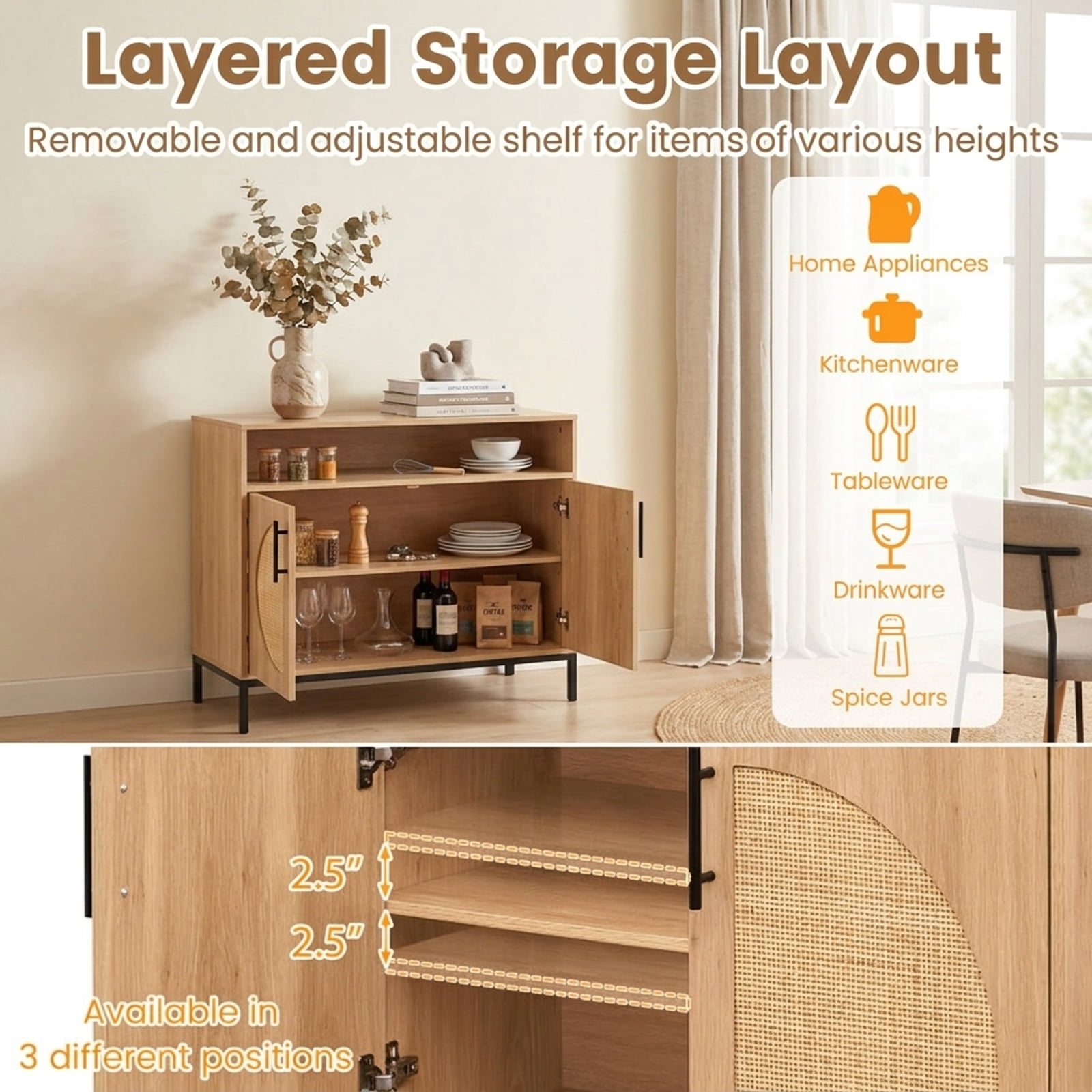 Furnibear 32" Sideboard Buffet Cabinet with 2 Natural Rattan Decorated Doors and Adjustable Shelf for Kitchen Dining Living Room Buffet, Natural