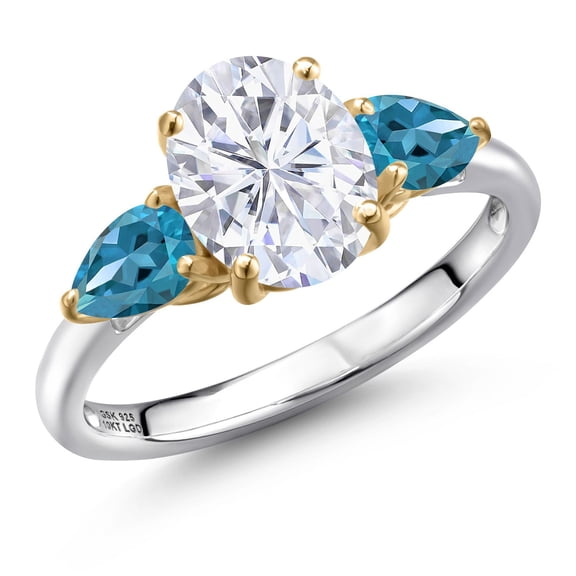 Gem Stone King 925 Silver and 10K Yellow Gold White Moissanite and London Blue Topaz Engagement Ring for Women | 2.90 Cttw | Oval 9X7MM | Gemstone Birthstone | Size 5