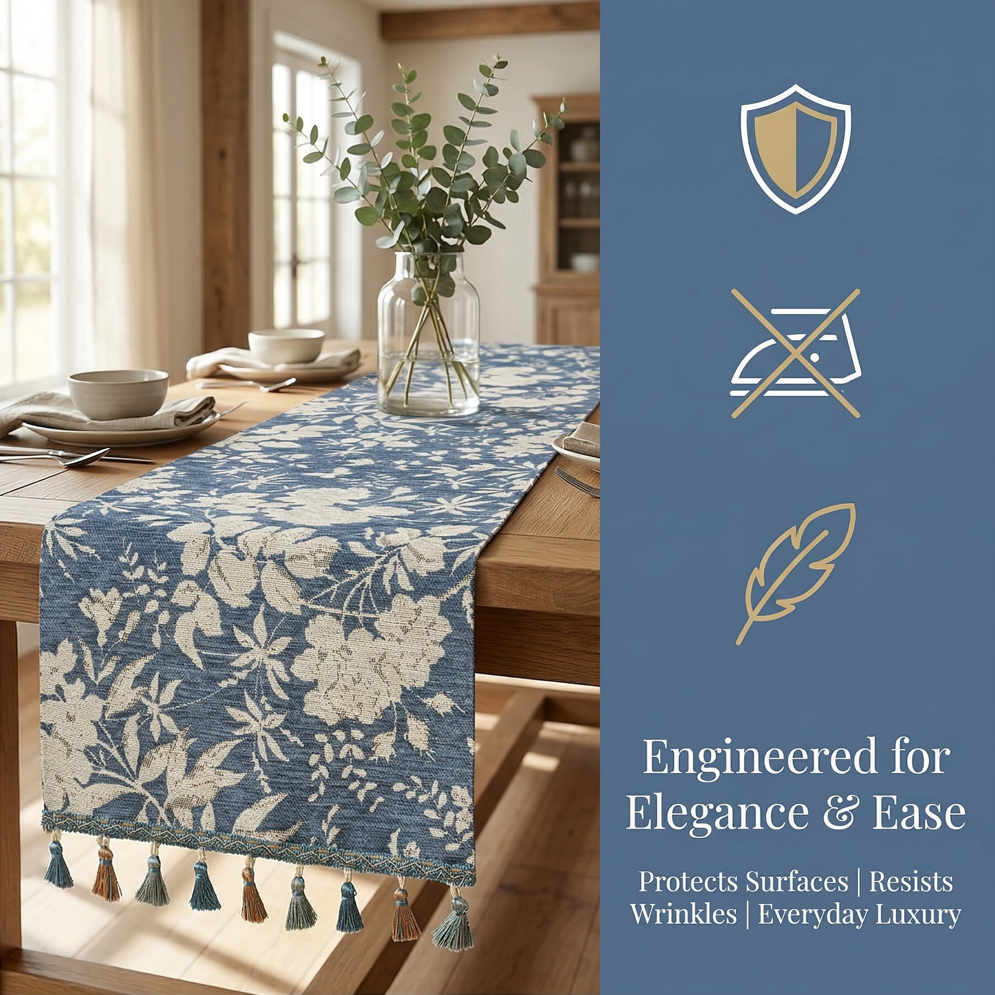 Unique Bargains Floral Table Decoration Kitchen Runner with Tassel Blue 13.8x70.9in