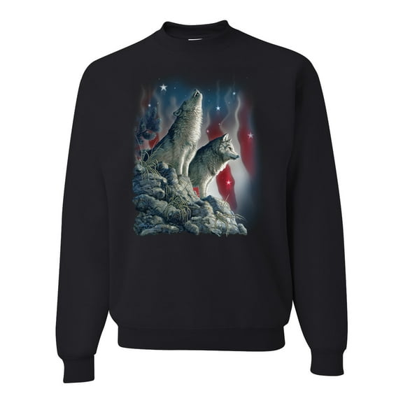 Wild Bobby, Howling Wolves into the Night Sky with Stars and Stripes, Graphic Sweatshirt, Black, Small