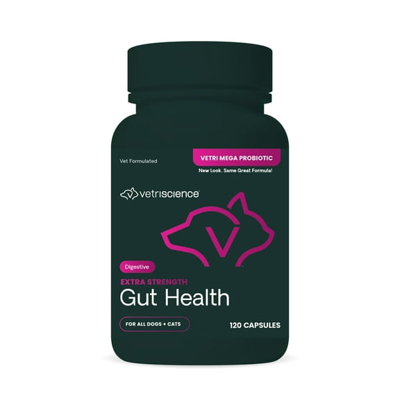 VetriScience Extra Strength Gut Health Probiotic Capsules for Dog & Cat, Unflavored, 120 Count Bottle