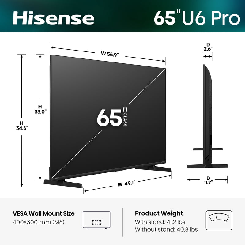 Hisense 65" U6 Pro Series Mini-LED 4K UHD Vidaa Smart TV (65U6SV Pro, 2026 Model) - Hi - QLED MiniLED, Native 144Hz, HDR10+, Dolby Vision IQ, Dolby Atmos, Built-in Subwoofer front and back view