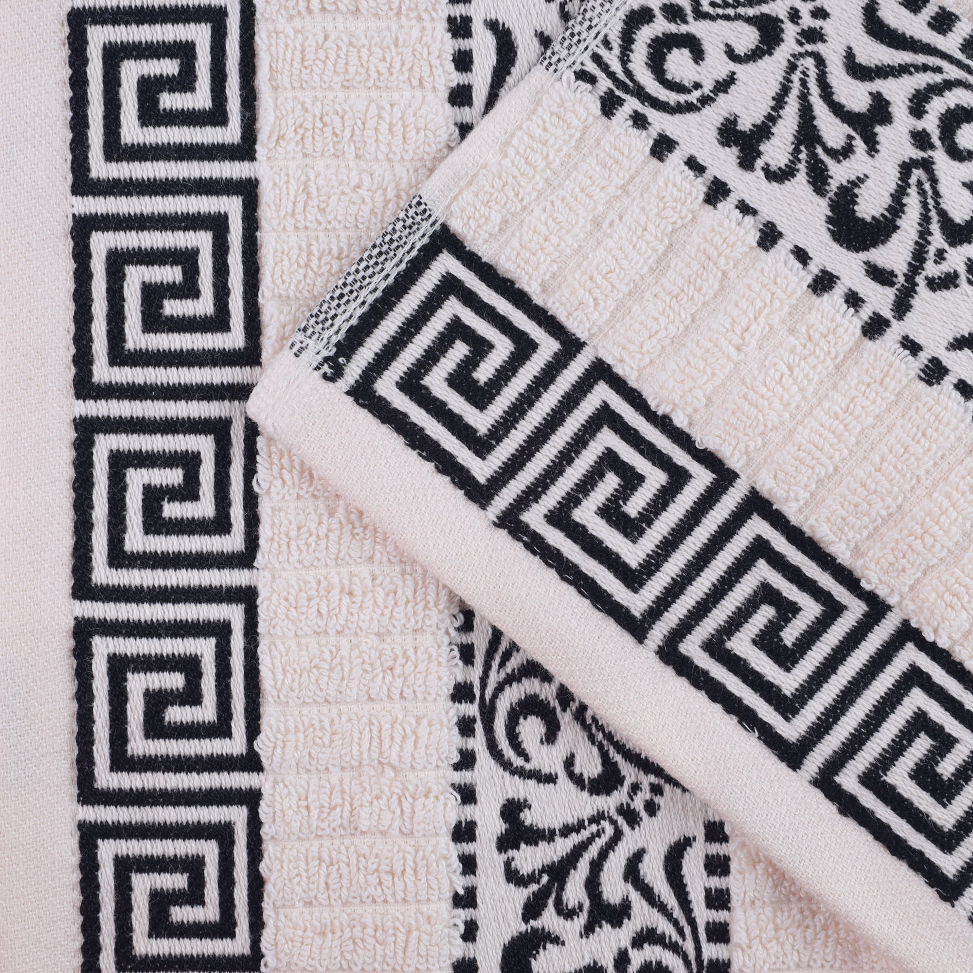 BNM Cotton Decorative Border 4 Piece Towel Set, Ivory-Black
