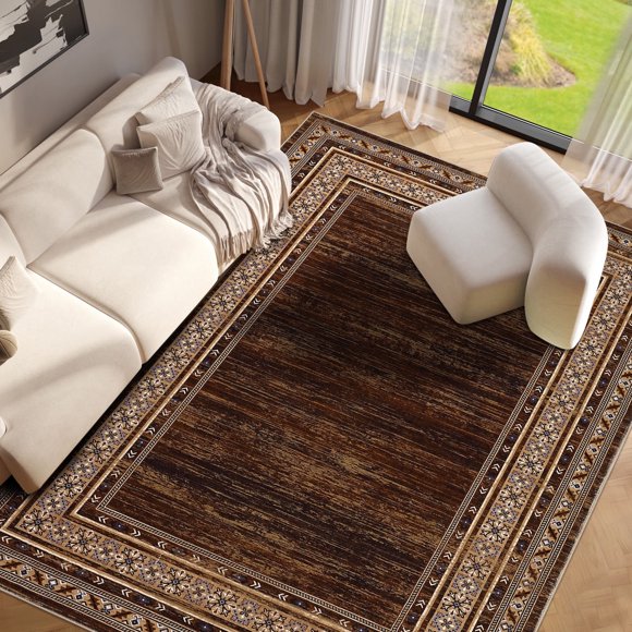 YUSAZENS 10'x13' Area Rug, Modern Bordered Floral Rug, Washable Low Pile Non-Slip Carpet for Living Room, Bedroom, Red Brown