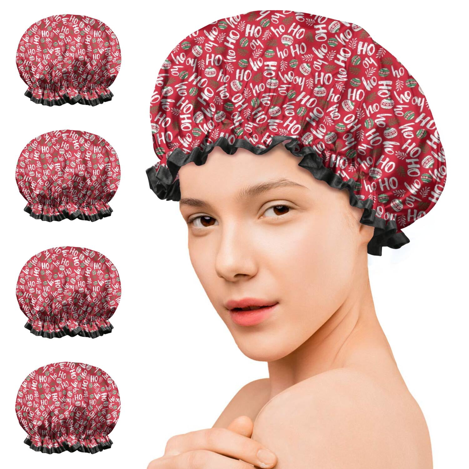 Shower Caps,Red Christmas HO Pattern Waterproof Shower Cap for Women 4 Pieces,Double Reusable Hair Cover for Shower PEVA Elastic Stretch Hem