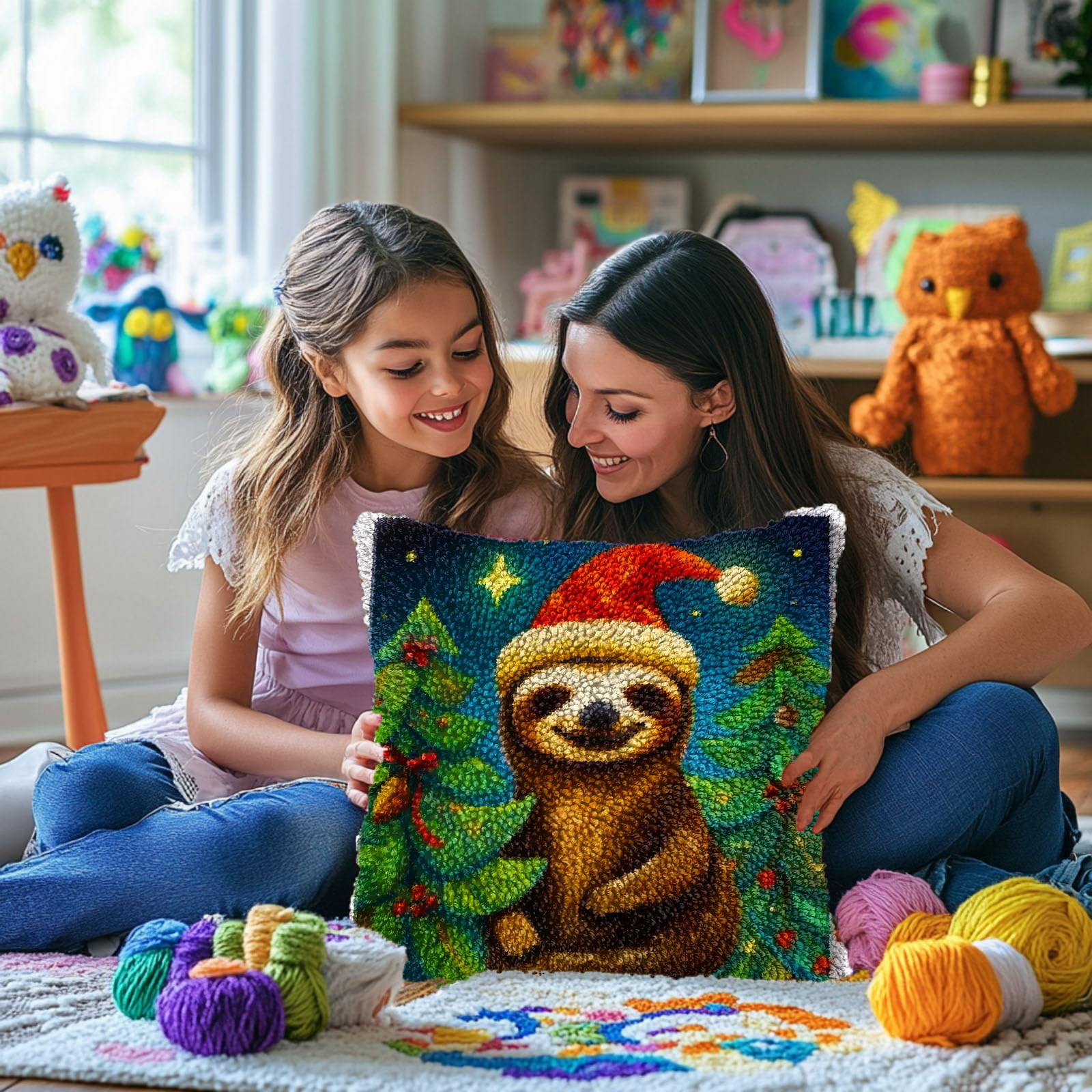 Merry Christmas Sloth and Trees DIY Latch Hook Pillow Kits for Adults Printed Pillowcase Crochet Yarns Hooking Handmade Pillow Cover Cushion for Home Sofa Decoration 17x17inch