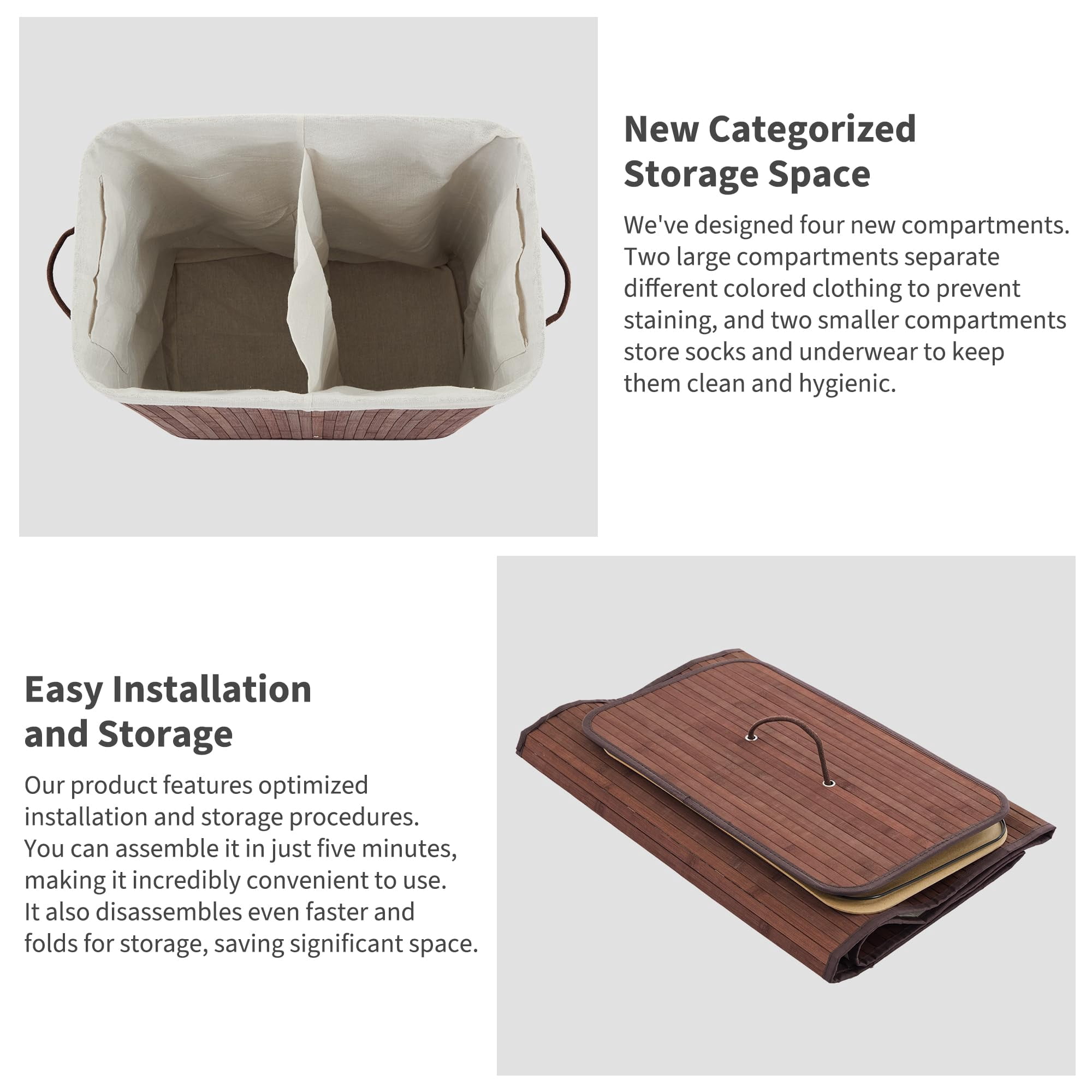 Garvee Folding Bamboo Laundry Hamper with Lid, 27.5 Gallon Large Capacity Wooden Basket with Washable Liner Bag, Slim Space-Saving Clothes Organizer for Small Bedroom, Apartment, Dorm, Brown