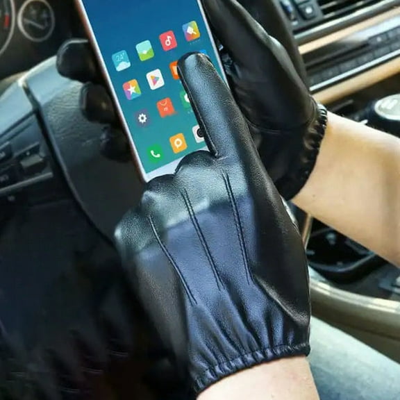 Opolski 1 Pair Men Gloves Faux Leather Plush Full Fingers Winter Mittens for Outdoor Black 2