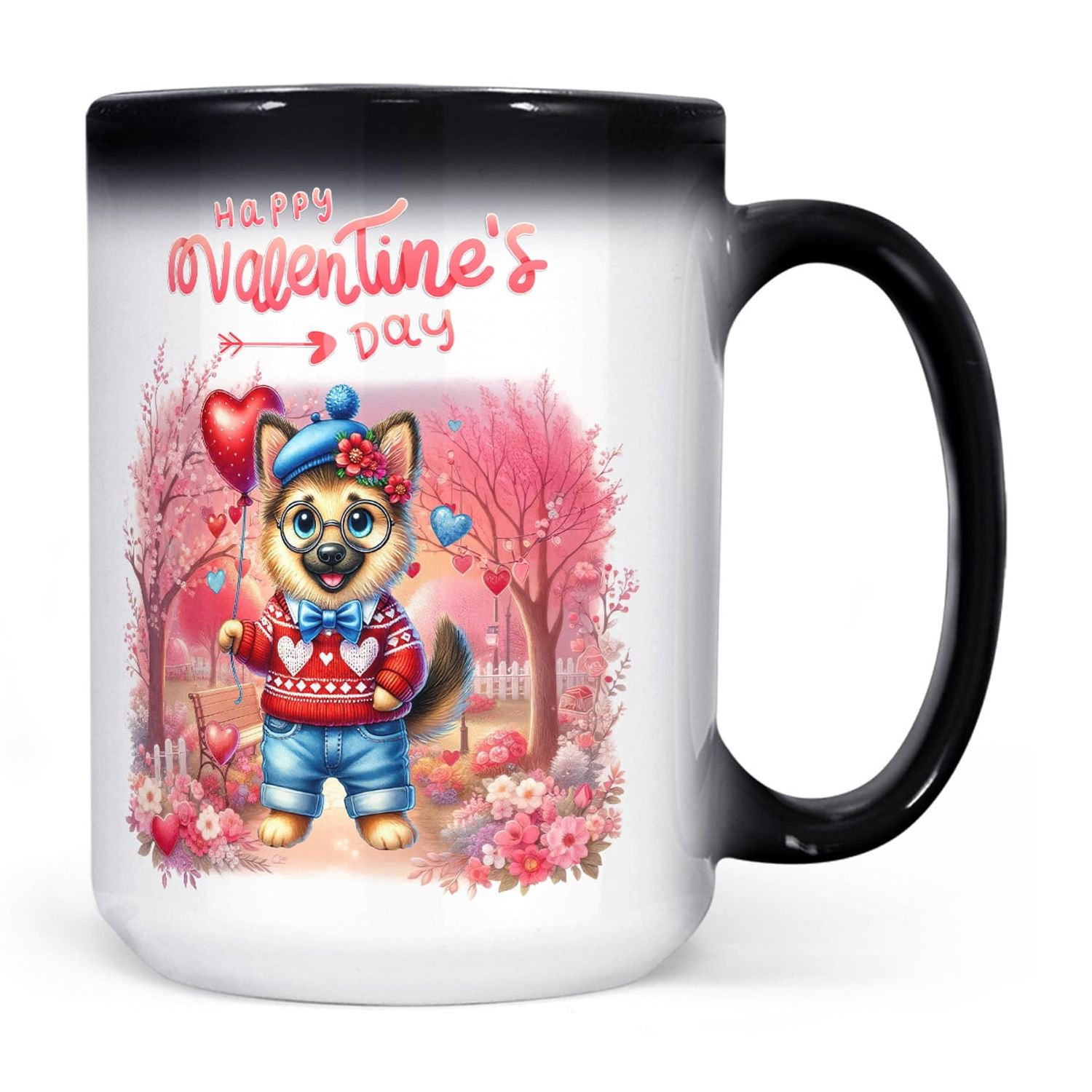 Happy Valentine’s Day Adorable German Shepherd Puppy Holding Heart Balloon Heat Color Changing Mug Alsatian Dog Lover Gifts Magic Coffee Mug - 00030